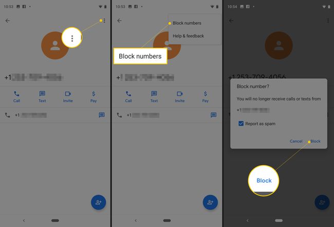 Three Android screens from Pixel showing vertical dot menu, block numbers menu item, and Block button