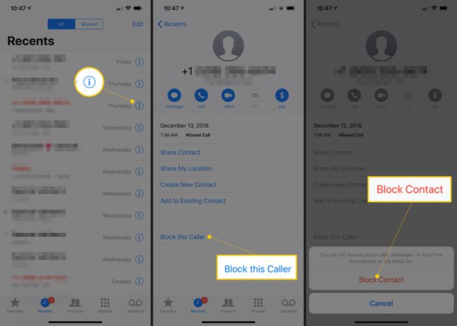 Three iOS Screens showing i (information) button, Block this Caller button, and Block Contact confirmation