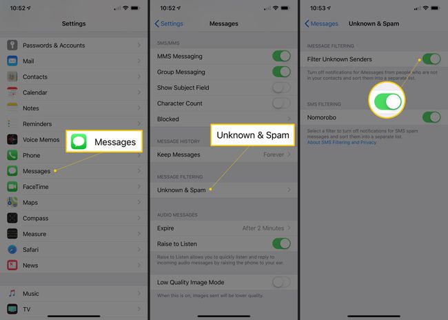 Three iOS screens showing Messages button, Unknown & Spam section, and toggle for Filter Unknown Senders