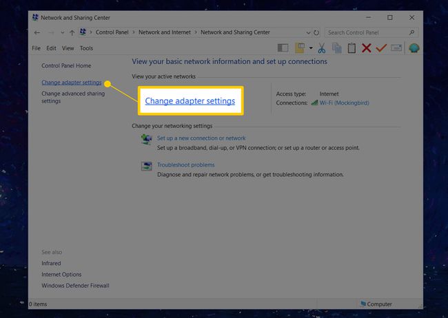 Change adapter settings link in Network and Sharing Center