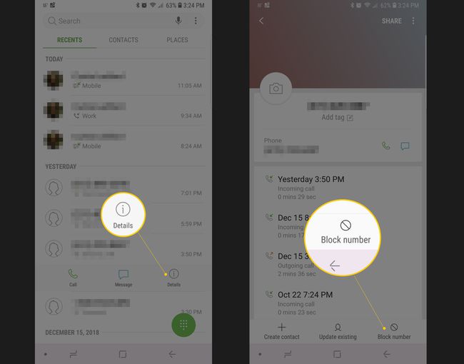 Two Samsung Android screens, showing Details button and Block Number feature