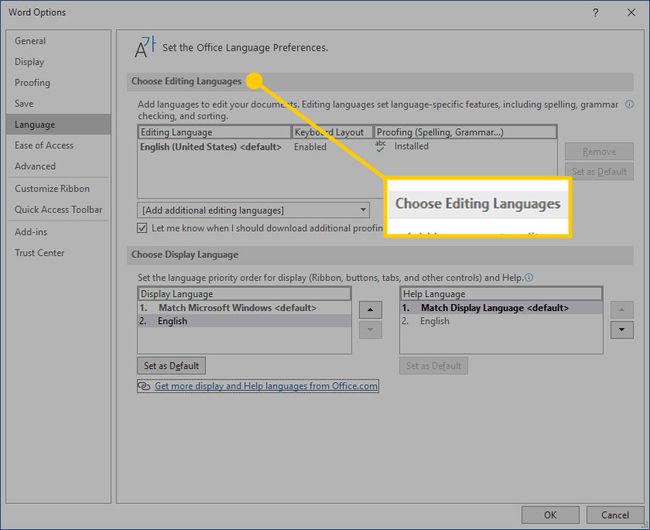 Language Preferences window with the Choose Editing Languages heading highlighted