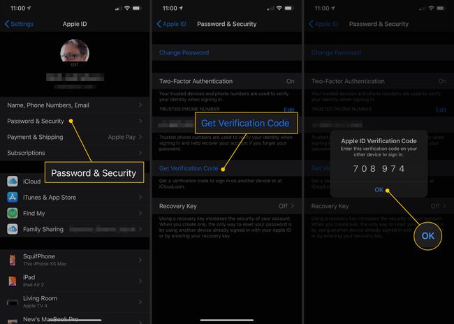Password & Security, Get Verification Code, OK button in iOS Settings
