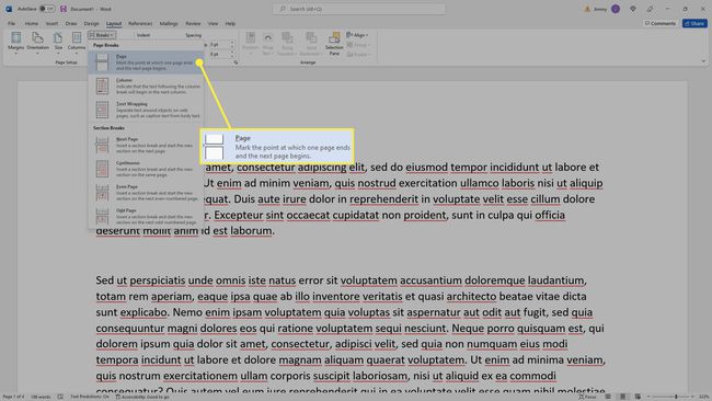 Microsoft Word with the Breaks menu open and Page selected