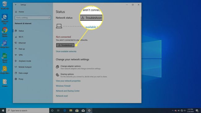 Viewing Status setting for the network in Windows 10.