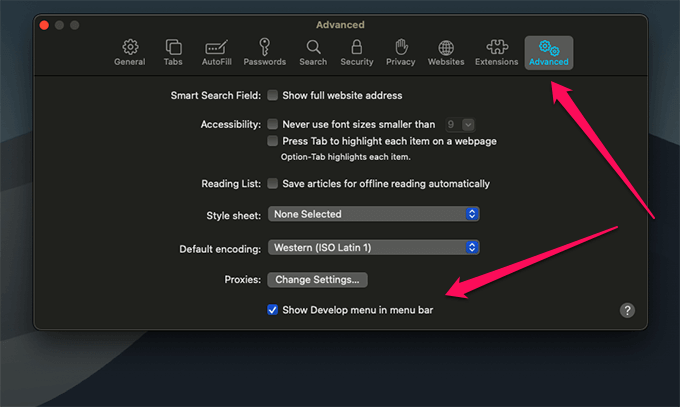 Advanced tab and show develop menu in menu bar checkbox 