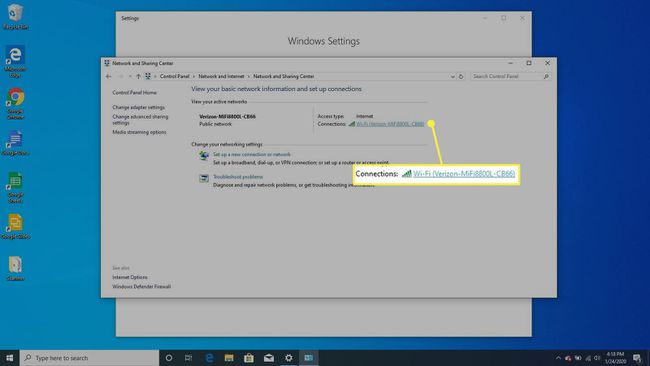 Viewing the active WiFi connection in Windows 10.