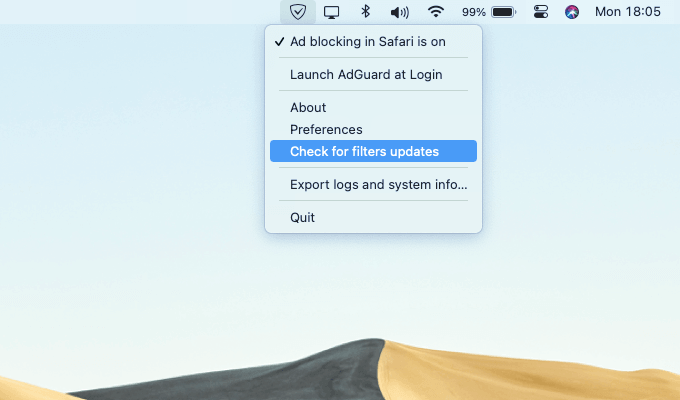 AdGuard Check for filters updates menu 