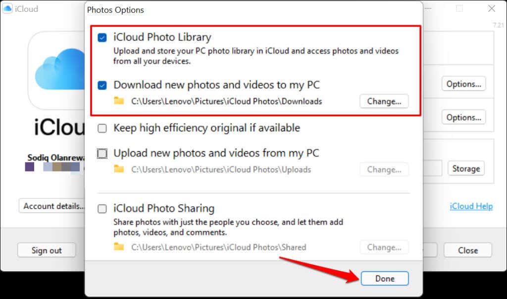 Check iCloud Photo Library and Download new photos and videos to my PC—select Done to proceed