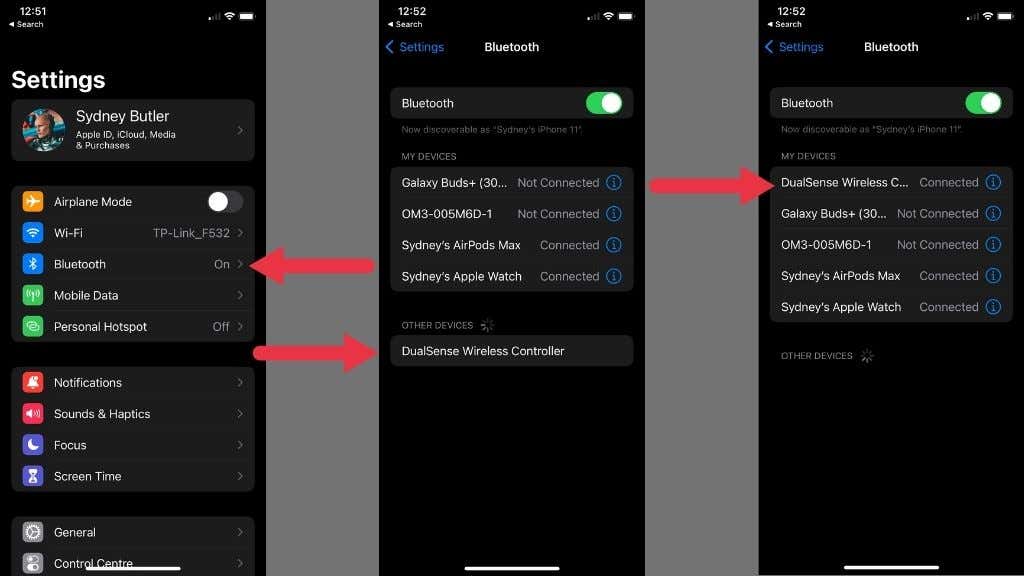 Visual instructions for connecting a PS5 controller to iPhone