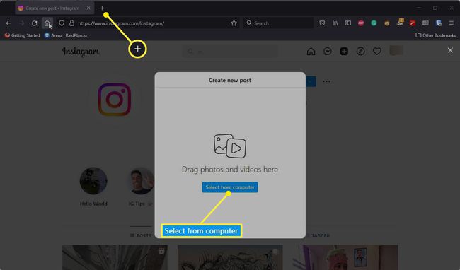 Plus sign and Select from computer highlighted in Instagram