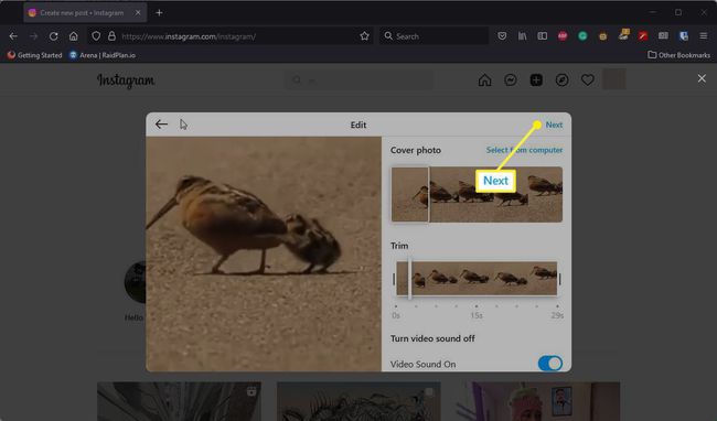 Video editing screen in Instagram with Next highlighted 