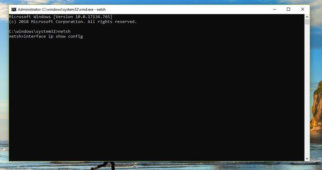 Screenshot of netsh interface ip show config command in Windows 10