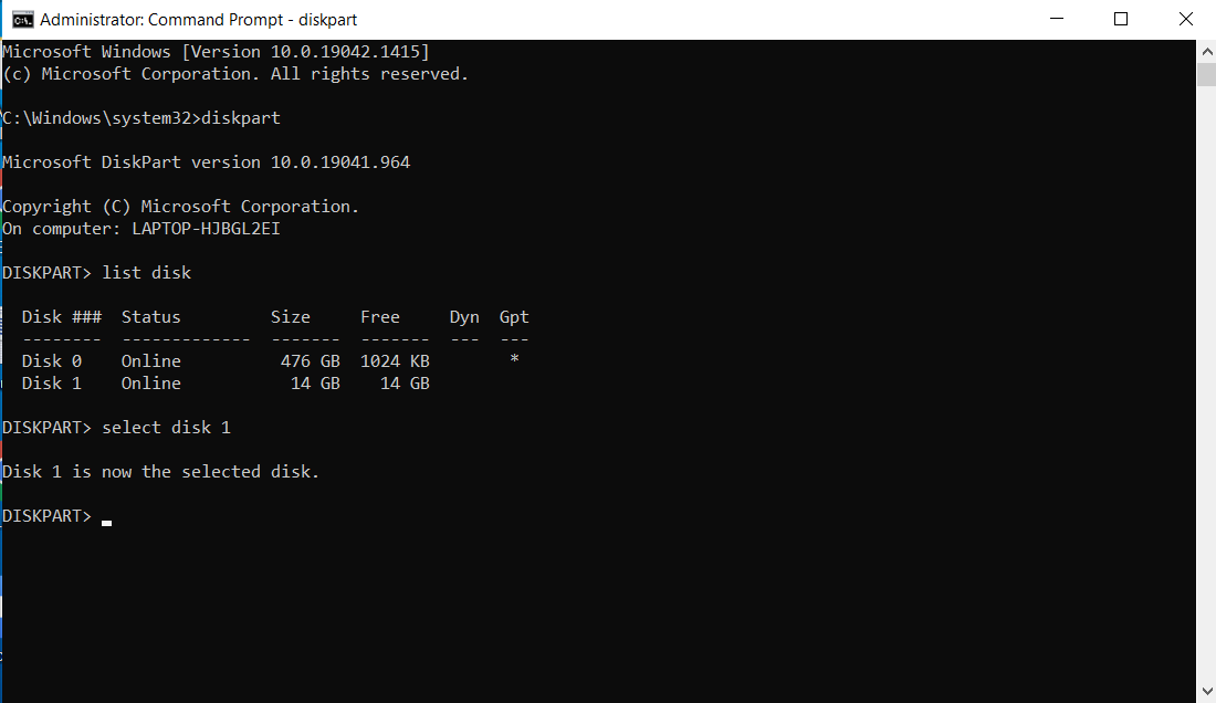 Diskpart Command Prompt window showing a selected disk number