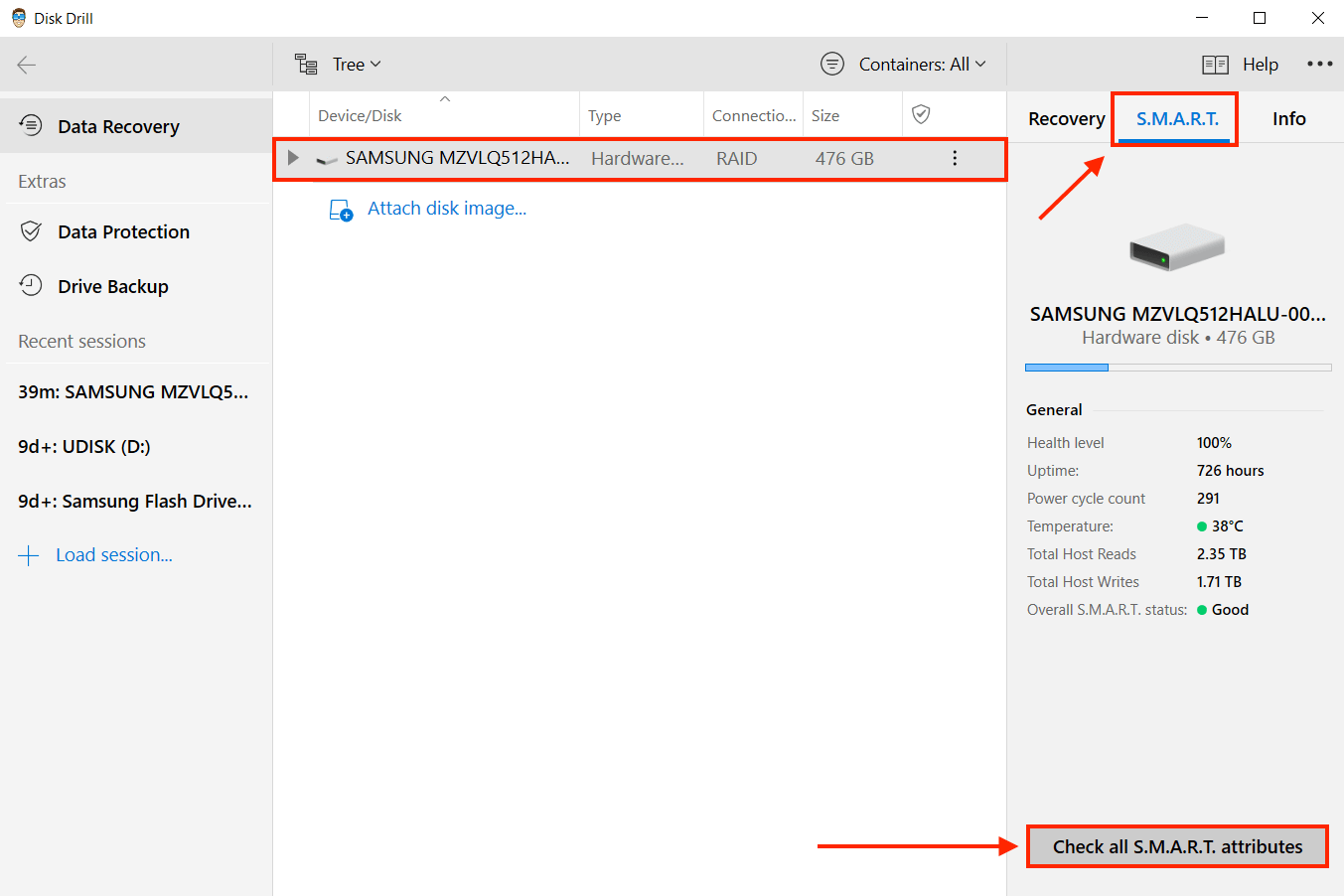 Disk Drill select drive window with a pointer towards the S.M.A.R.T. tab and the S.M.A.R.T. attributes button