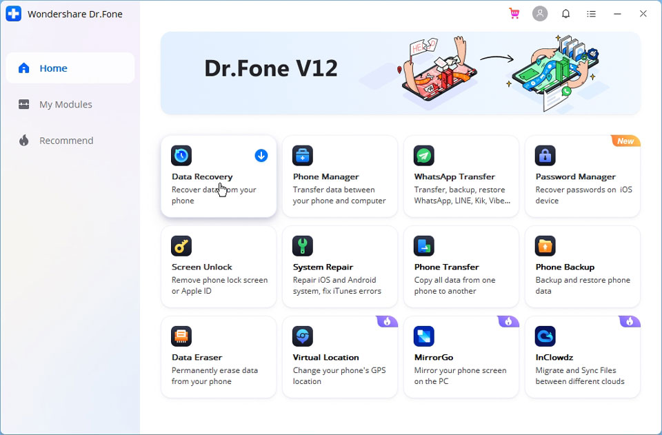 Dr Fone\'s main interface on Windows 10 desktop