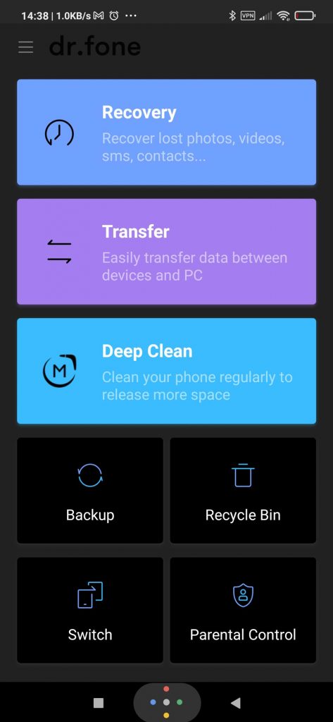 Dr Fone\'s interface on Android