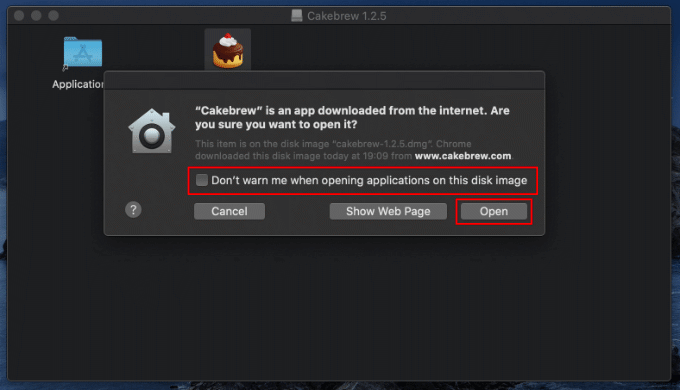 Open button with Don\'t warn me when opening applications on this disk image checkbox highlighted 