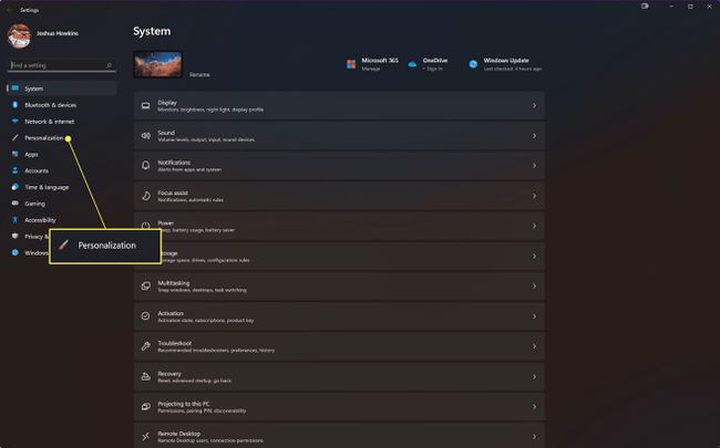 Changing system settings in Windows 11 with Personalization highlighted