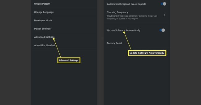 Advanced Settings and Update Software Automatically in Oculus update steps