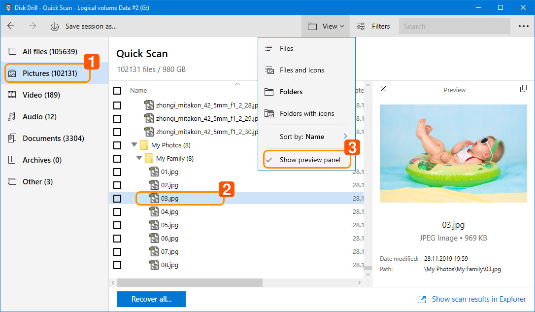 disk drill overview preview found files