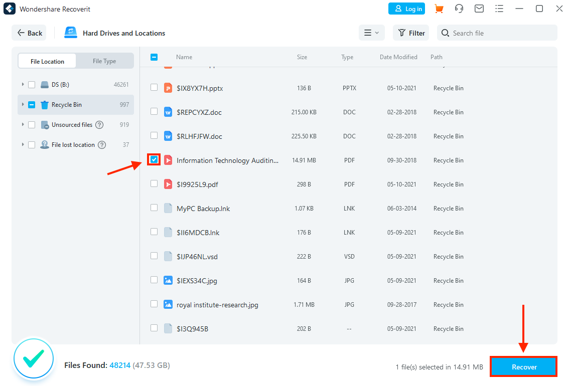 Wondershare Recoverit window showing a list of recoverable files and pointers towards a checkbox beside a file and another pointer towards the Recover button