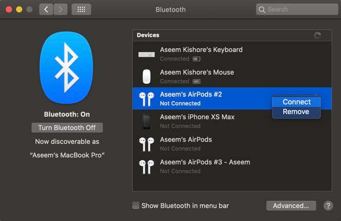AirPods in Bluetooth menu and Connect button
