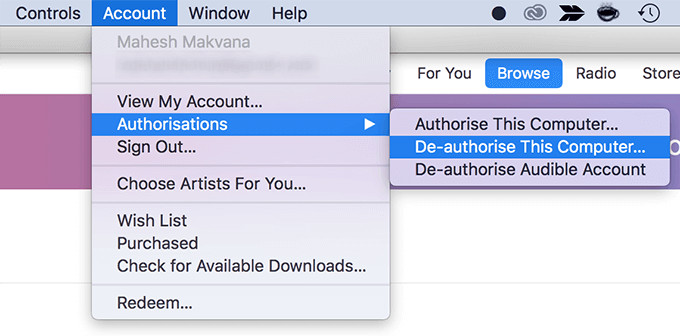 De-authorize This Computer submenu