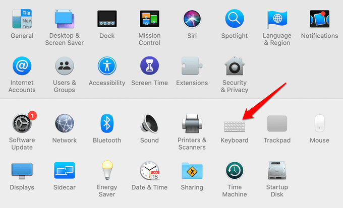 Keyboard in System Preferences window 