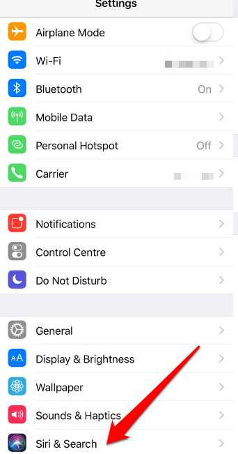 Siri & Search menu in Settings