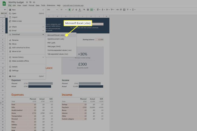 Selecting the file type to download the Google Sheet in.