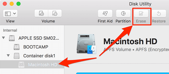 Erase button and Macintosh HD selected in Disk Utility 