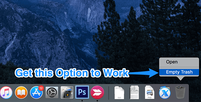 Get this Option to work: Empty Trash