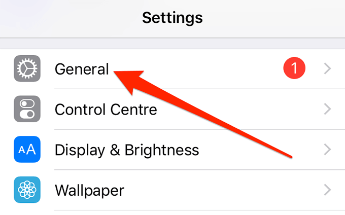 General menu in Settings 