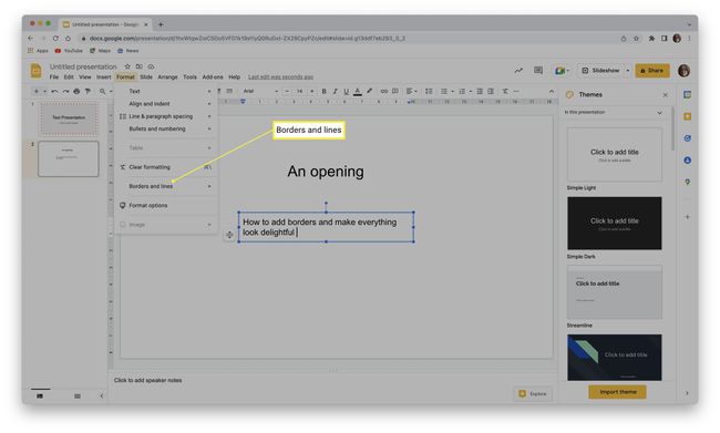 Google Slides with Borders and Lines highlighted after selecting a text box.