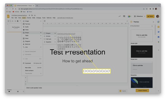 Google Slides with choice of shapes to be inserted highlighted.