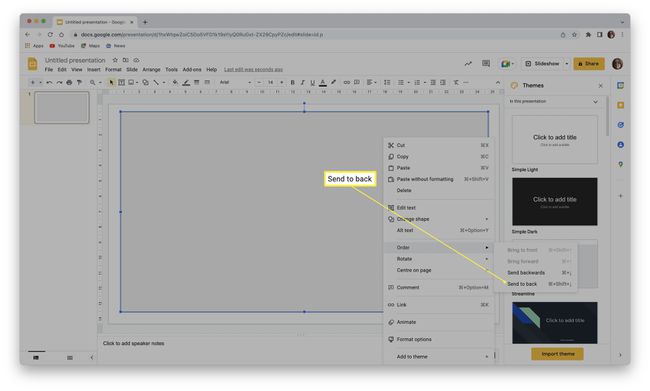Google Slides with Send to Back highlighted.