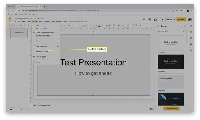 Google Slides with Borders and lines highlighted.