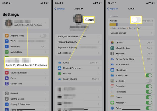 Steps required on iPhone to sync contacts to iCloud.
