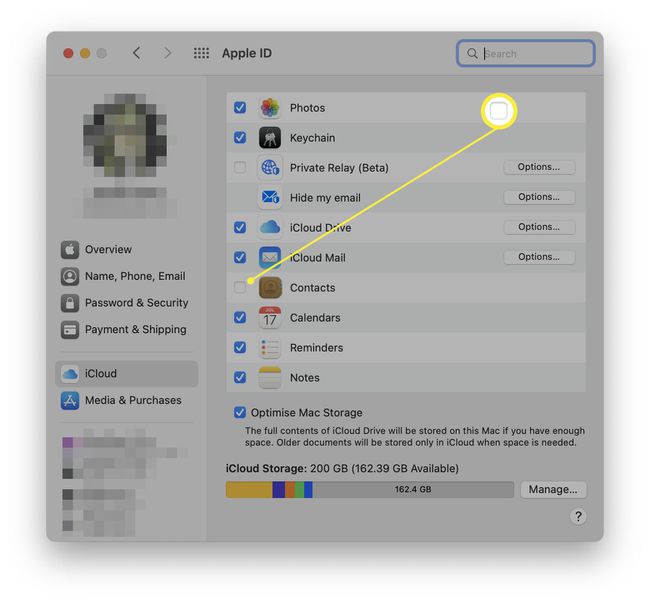 Apple ID iCloud options on MacOS with Contacts tick box highlighted.