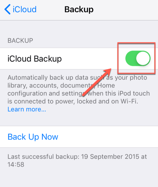 iCloud Backup toggle in Backup 