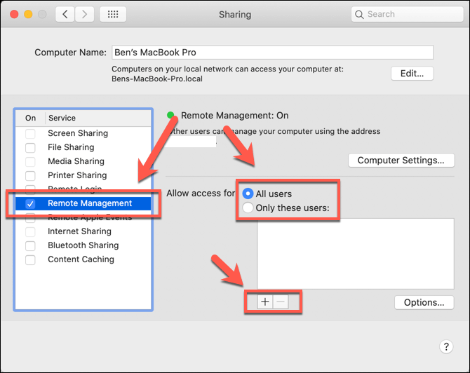 Plus button and All users highlighted in Remote Management menu 