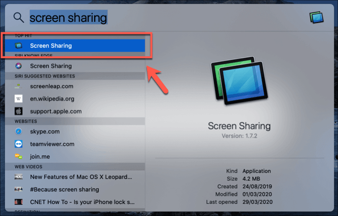 Screen Sharing in Spotlight Search 