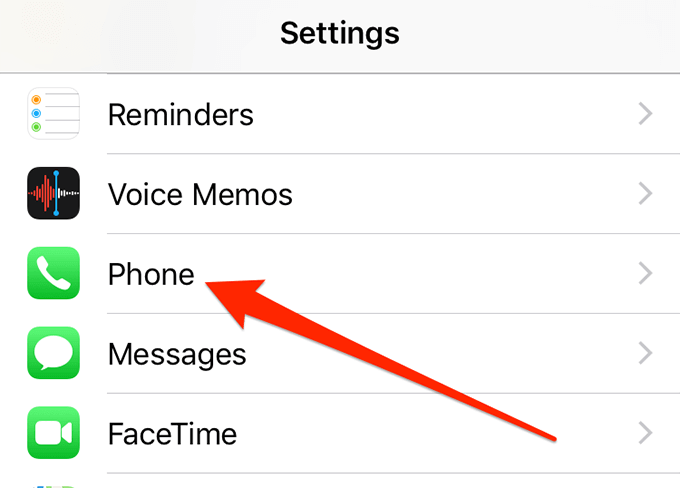 Phone menu under Settings app 