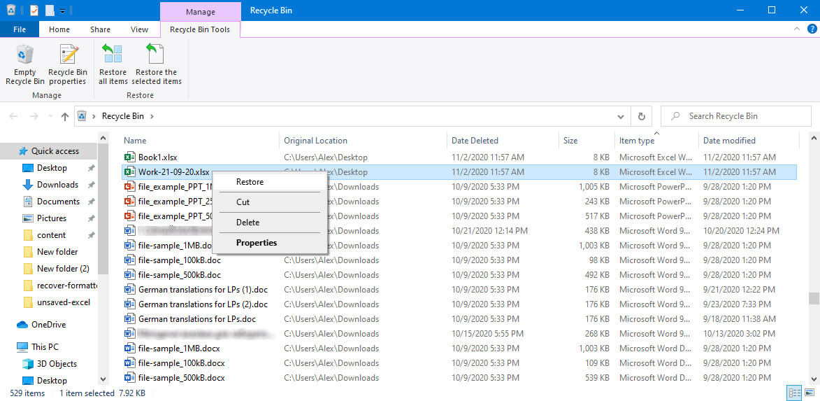 restore excel files from trash bin