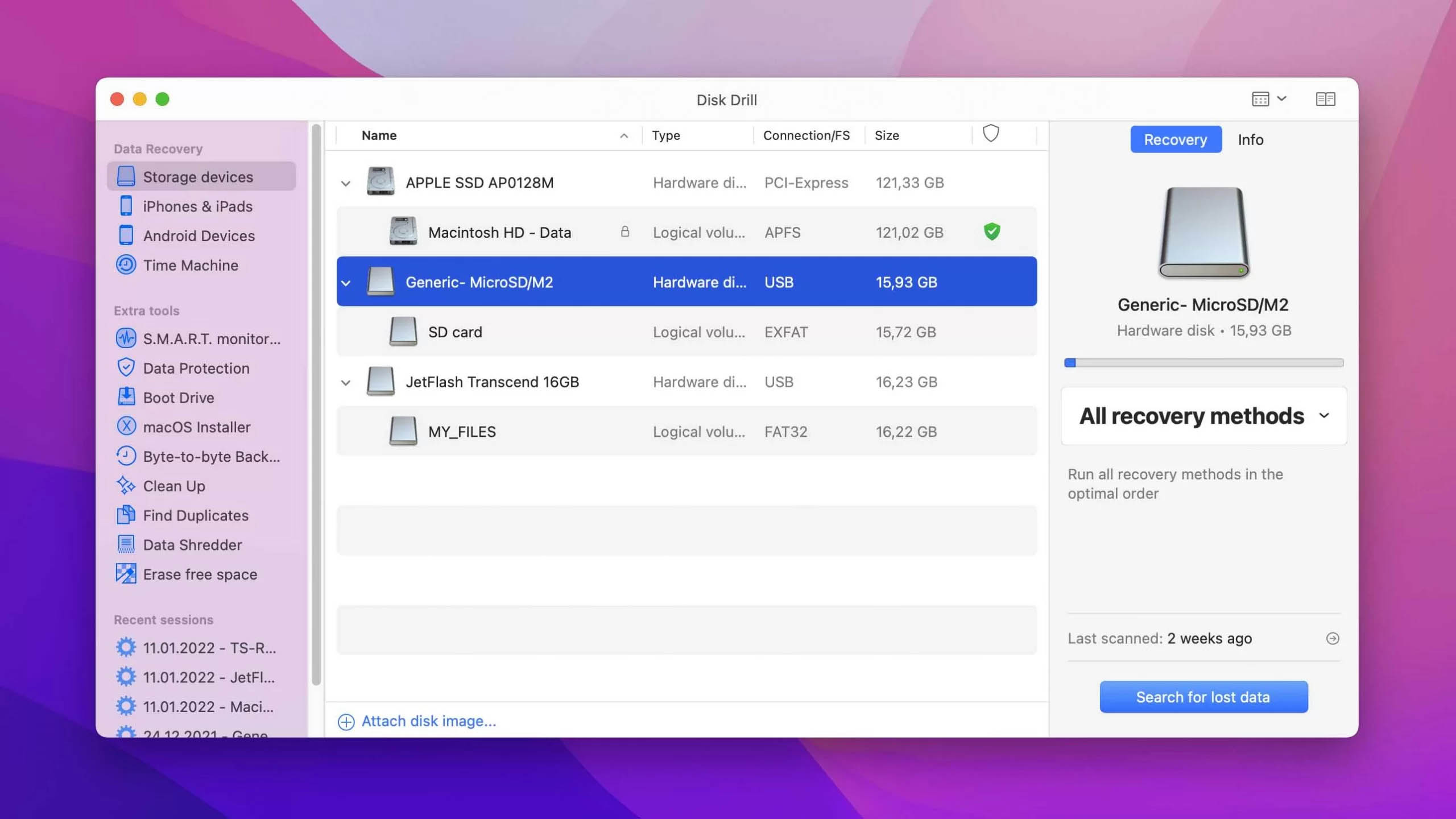 choose your sd card and start scan with disk drill