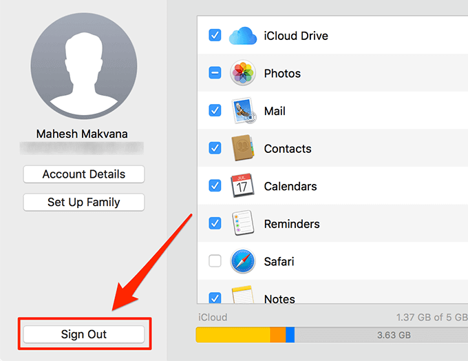 Sign Out button in iCloud 