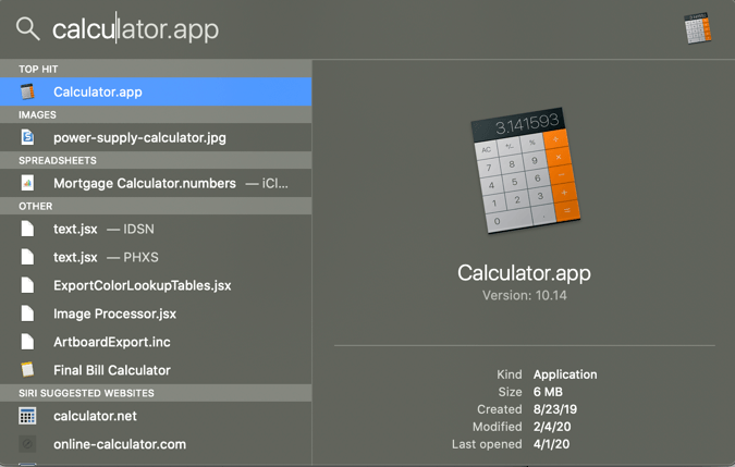 Calculator app in Search Bar