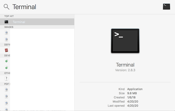 Terminal in Spotlight Search 