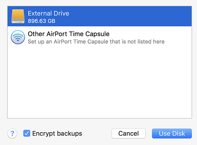 External Drive selected and Use Disk button 